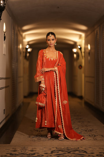 Hand Embroidered Peach Flared Sleeves Velvet Anarkali Set