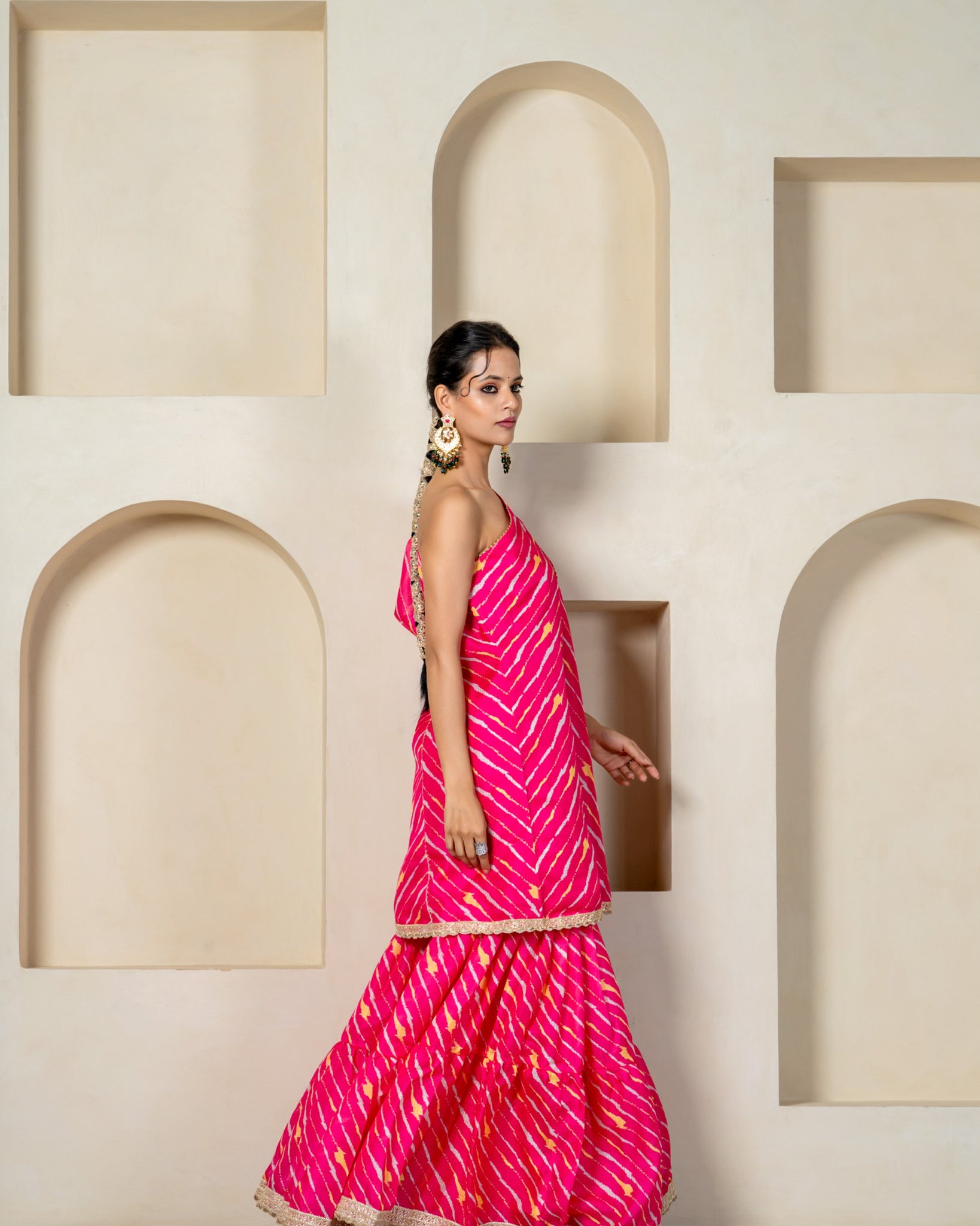 Hot Pink Kota Doriya One Shoulder Sharara Set