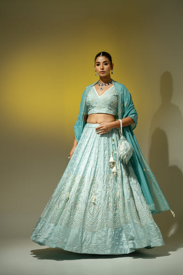 Sky Blue Pearl Work Lehenga Set