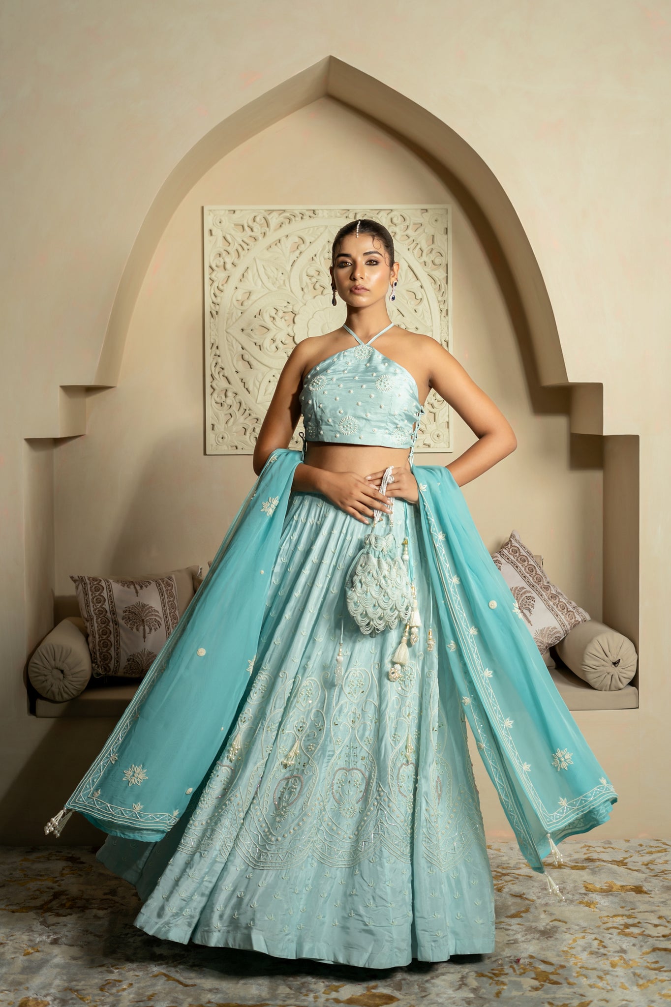 Sky Blue Pearl Work Lehenga Set