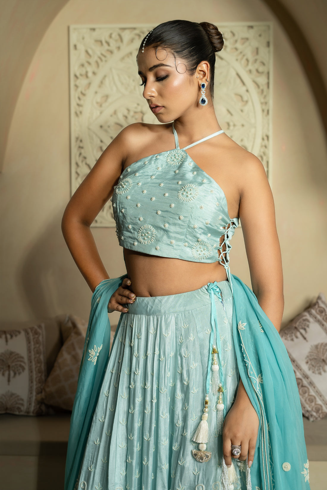 Sky Blue Pearl Work Lehenga Set