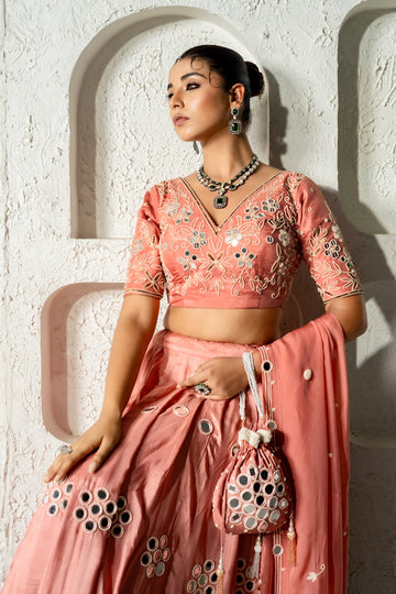 Peach Mirror Work Lehenga Set