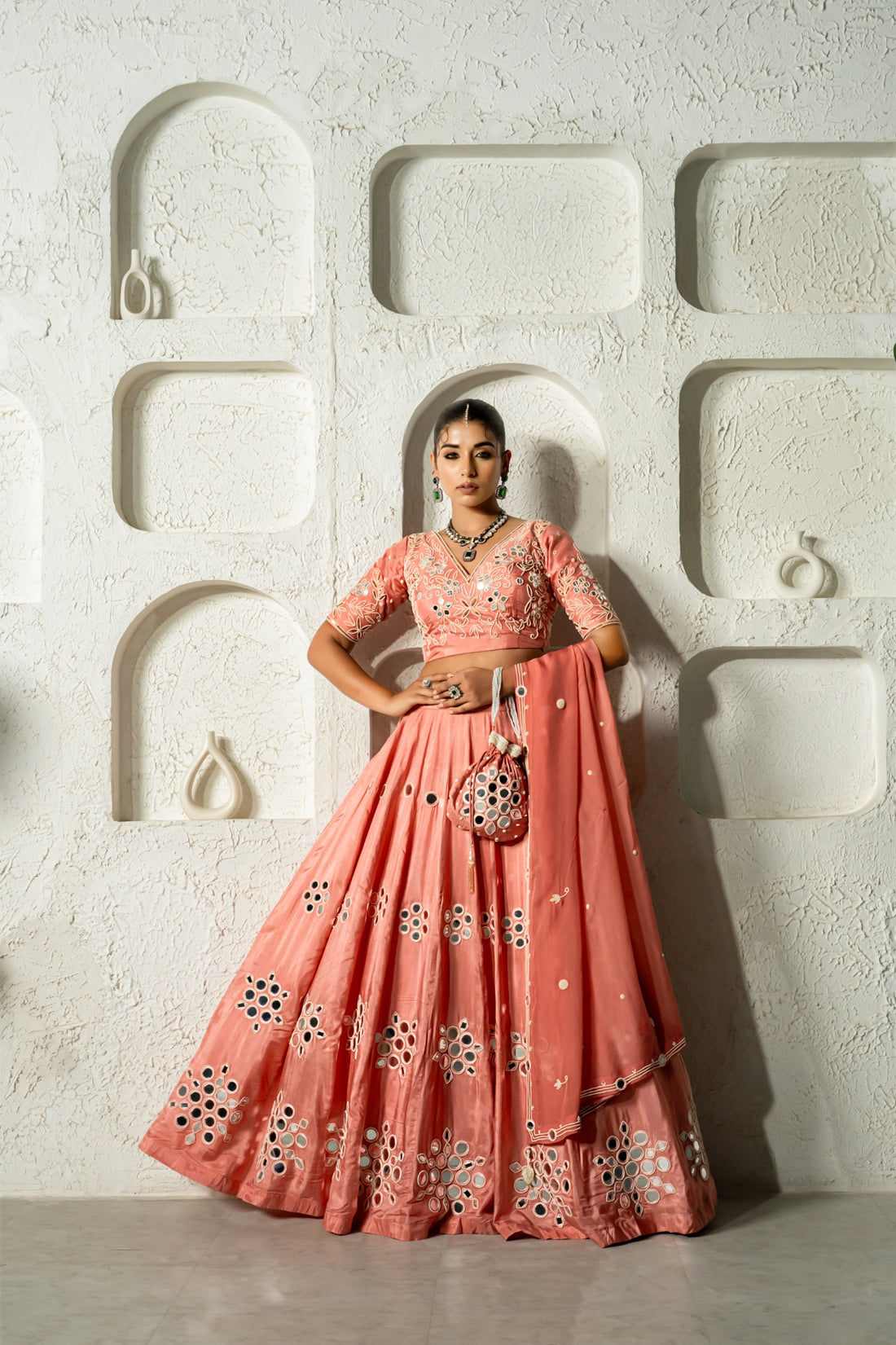 Peach Mirror Work Lehenga Set