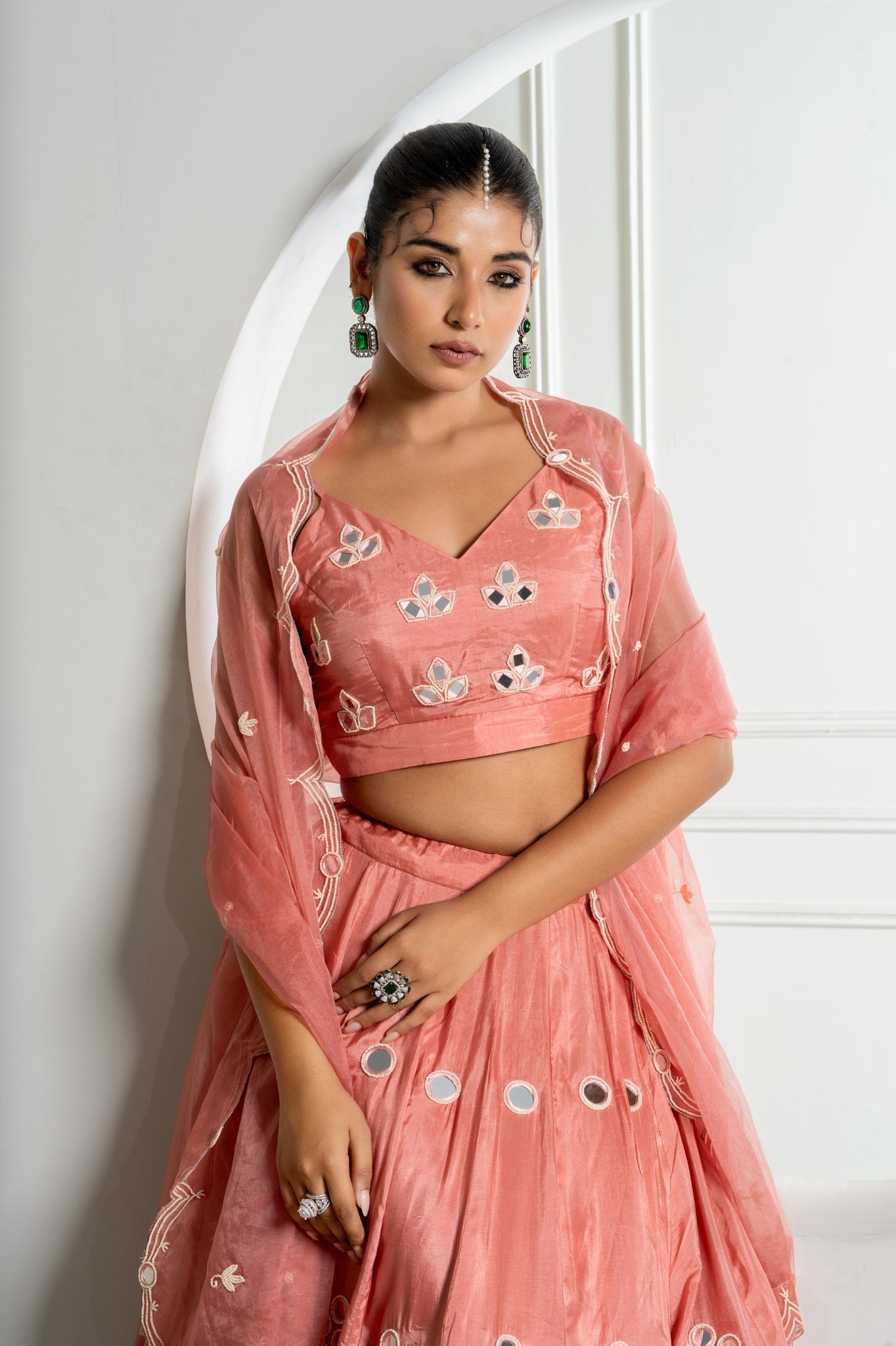 Peach Mirror Work Lehenga Set