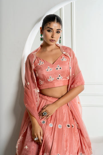 Peach Mirror Work Lehenga Set