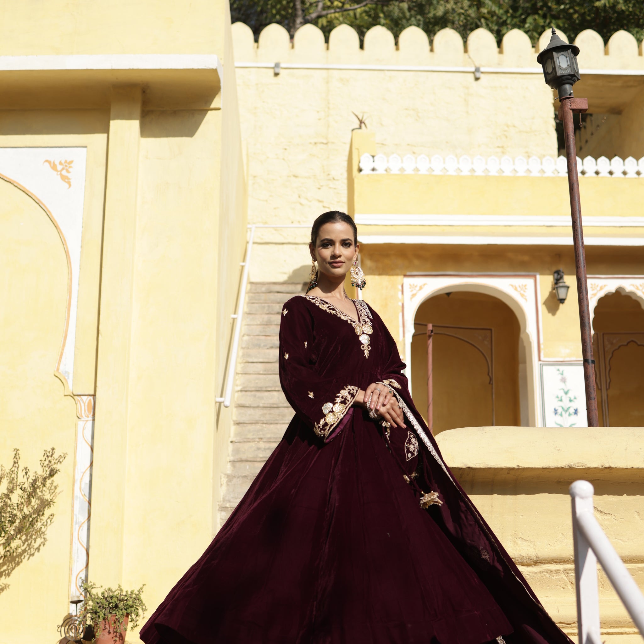 Hand Embroidered wine colour Flared sleeves Velvet Anarkali set