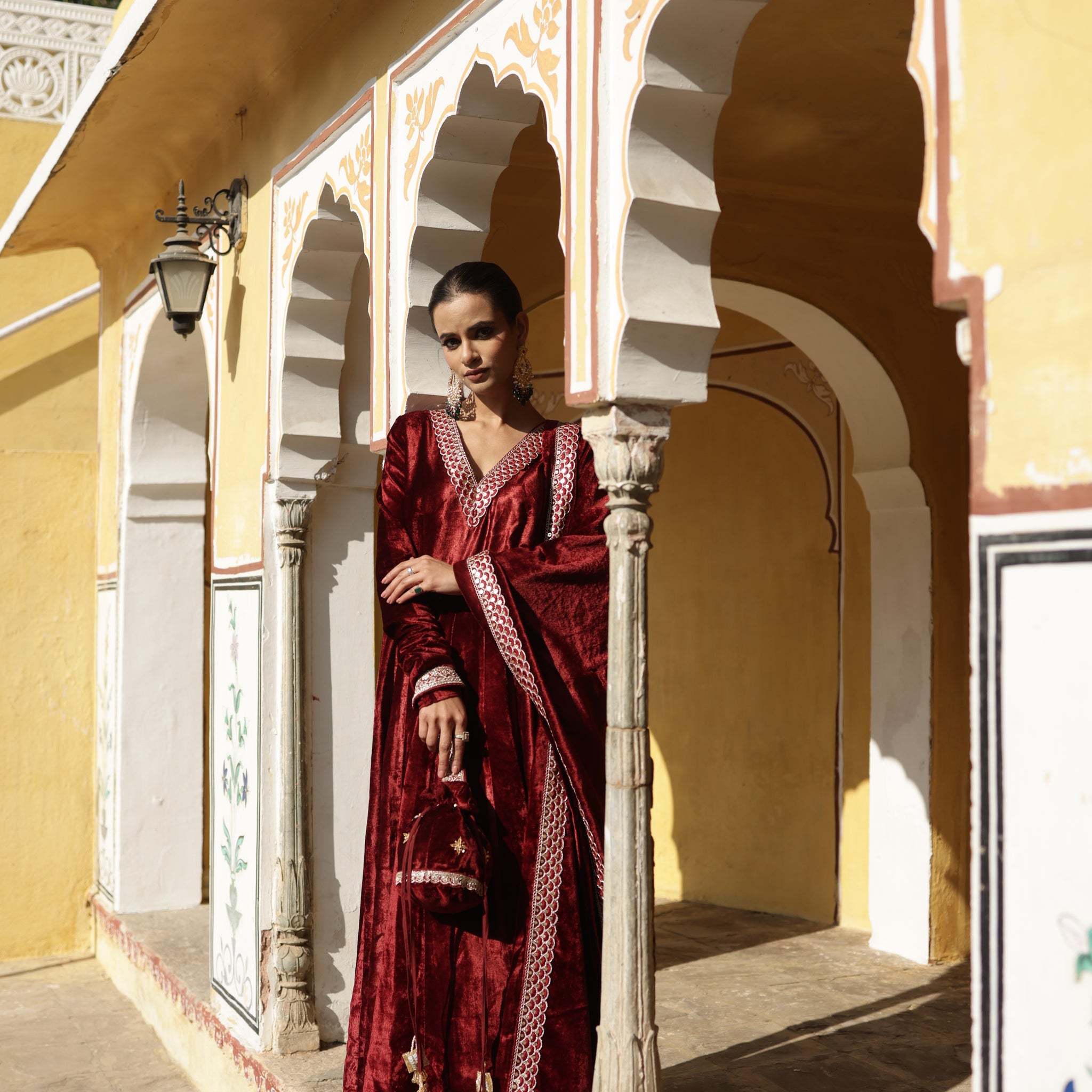 Maroon Churidaar sleeves Velvet Anarkali set