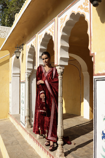 Maroon Churidaar sleeves Velvet Anarkali set