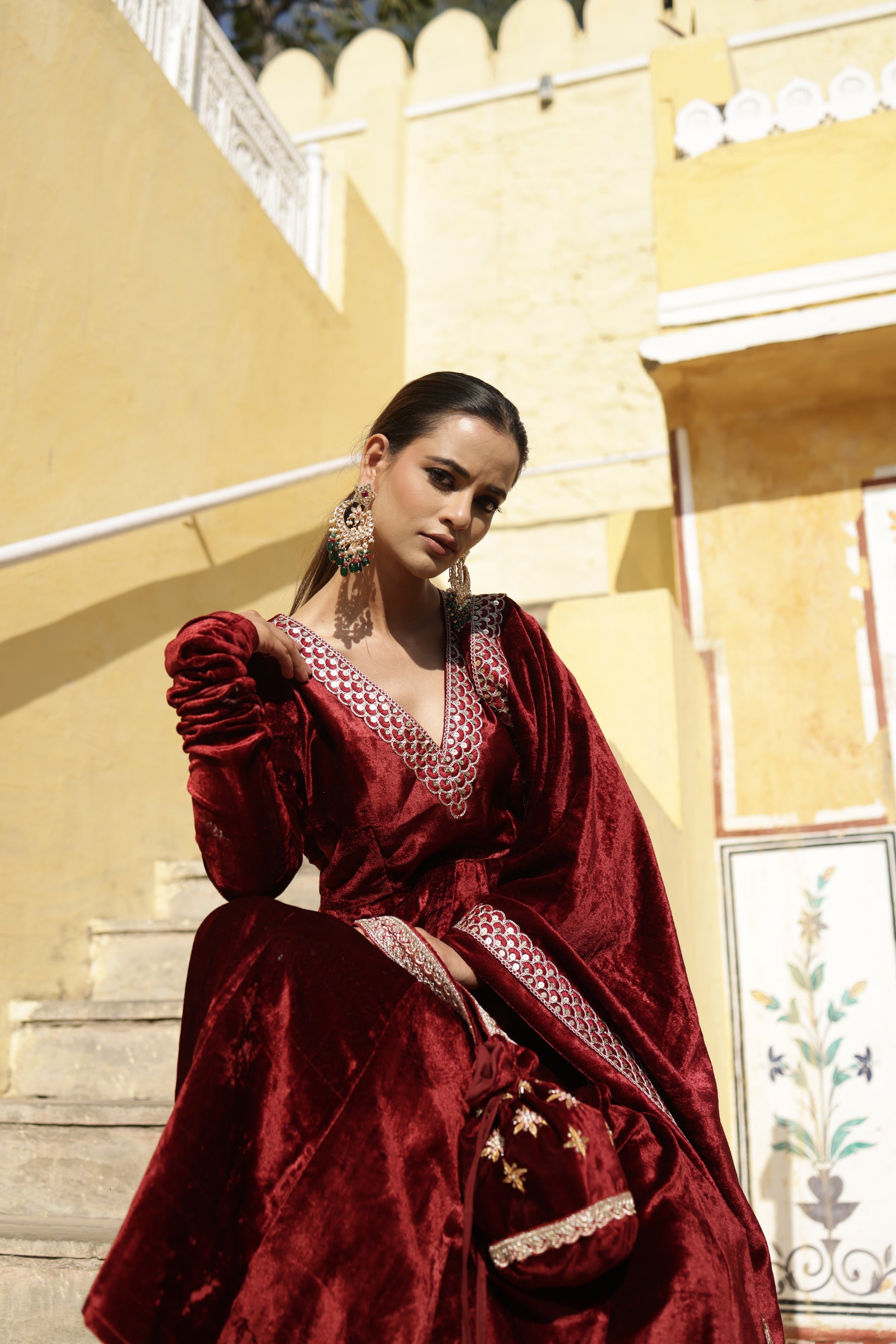 Maroon Churidaar sleeves Velvet Anarkali set