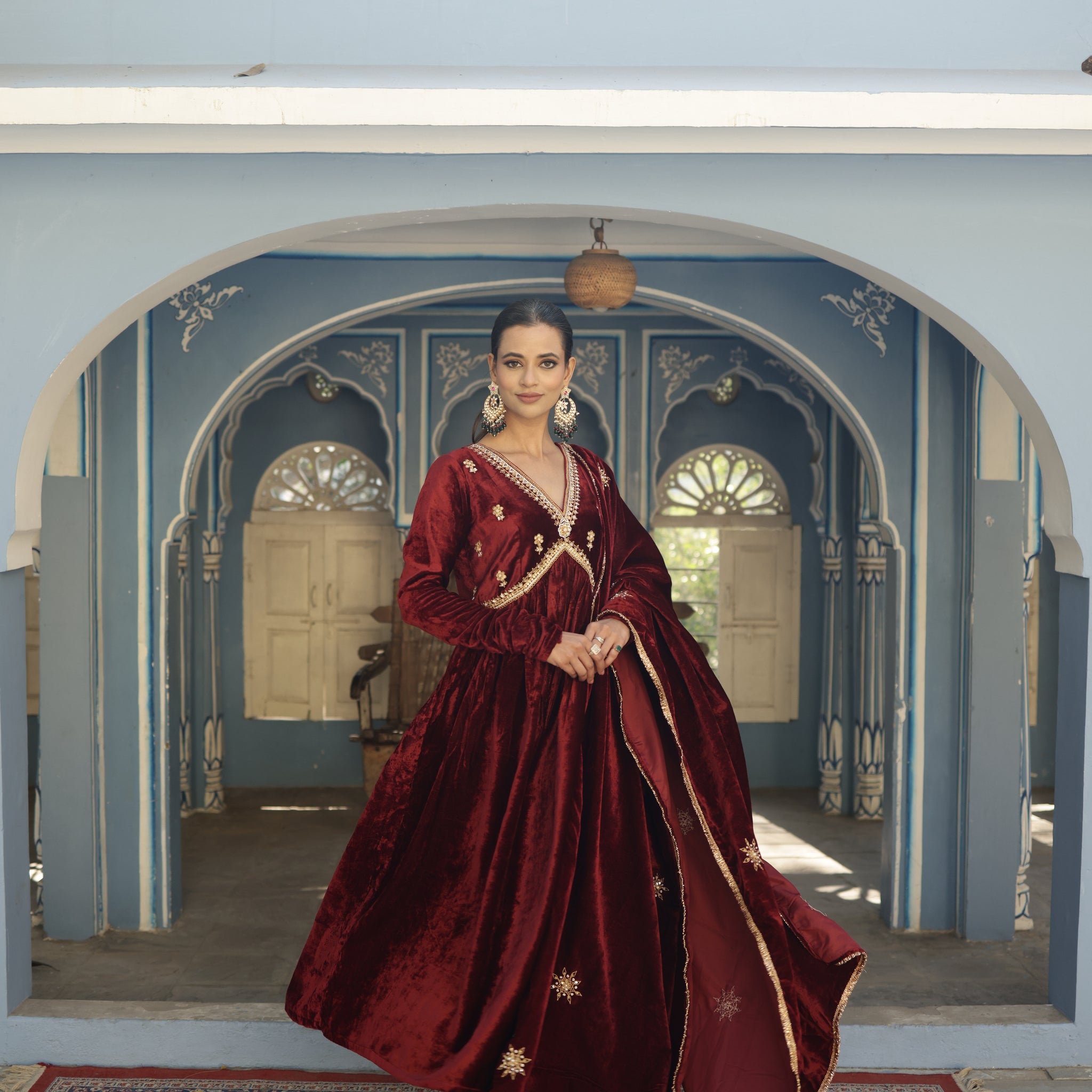 Hand Embroidered wine colour Churidaar sleeves Velvet Anarkali set