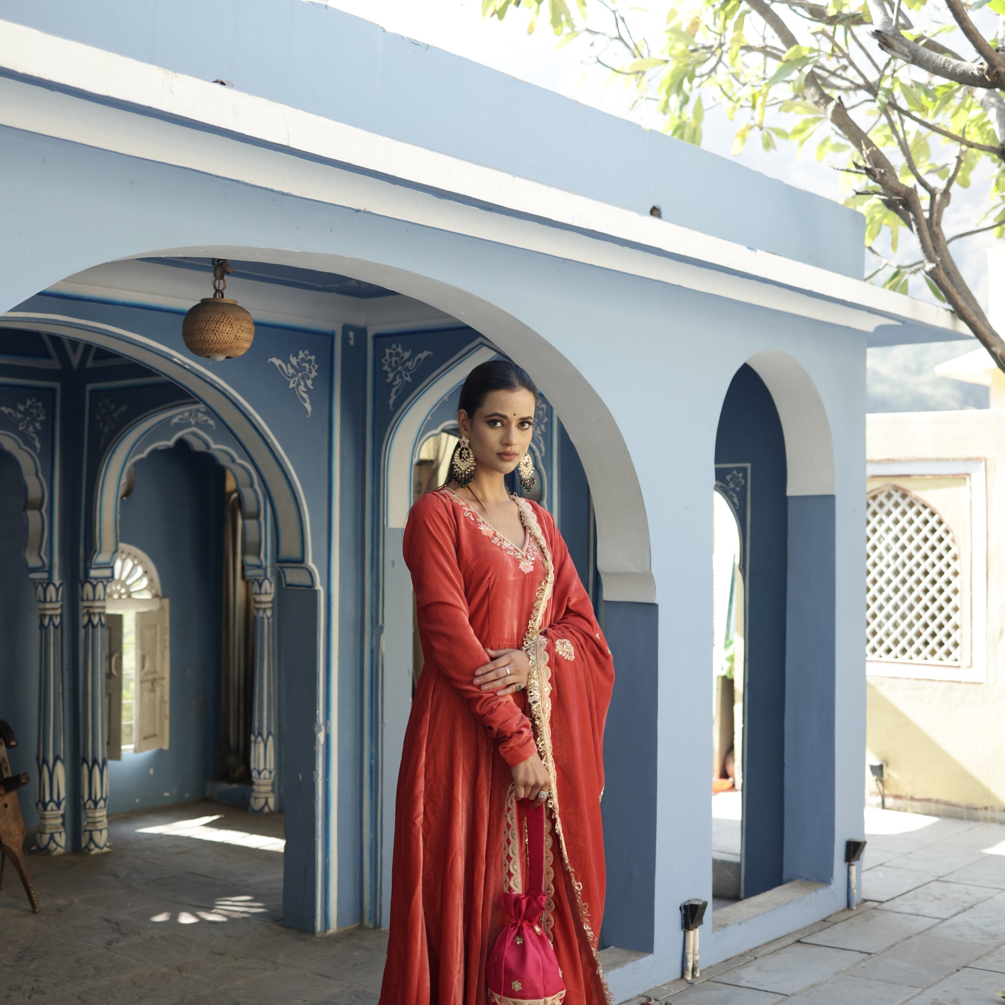 Hand Embroidered Peach Churidaar sleeves Velvet Anarkali Set