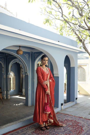 Hand Embroidered Peach Churidaar sleeves Velvet Anarkali Set