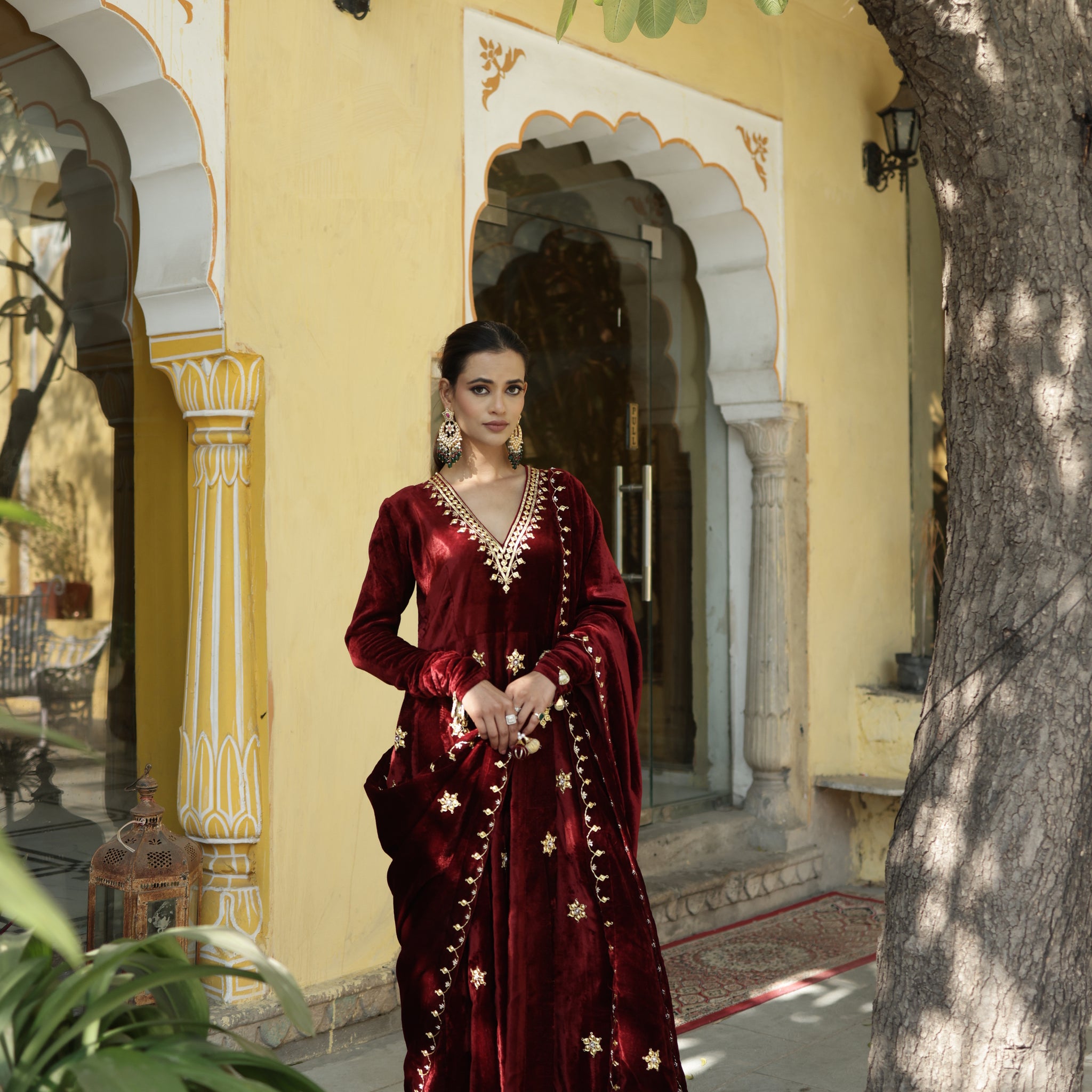Hand Embroidered Maroon Churidaar sleeves Velvet Anarkali set