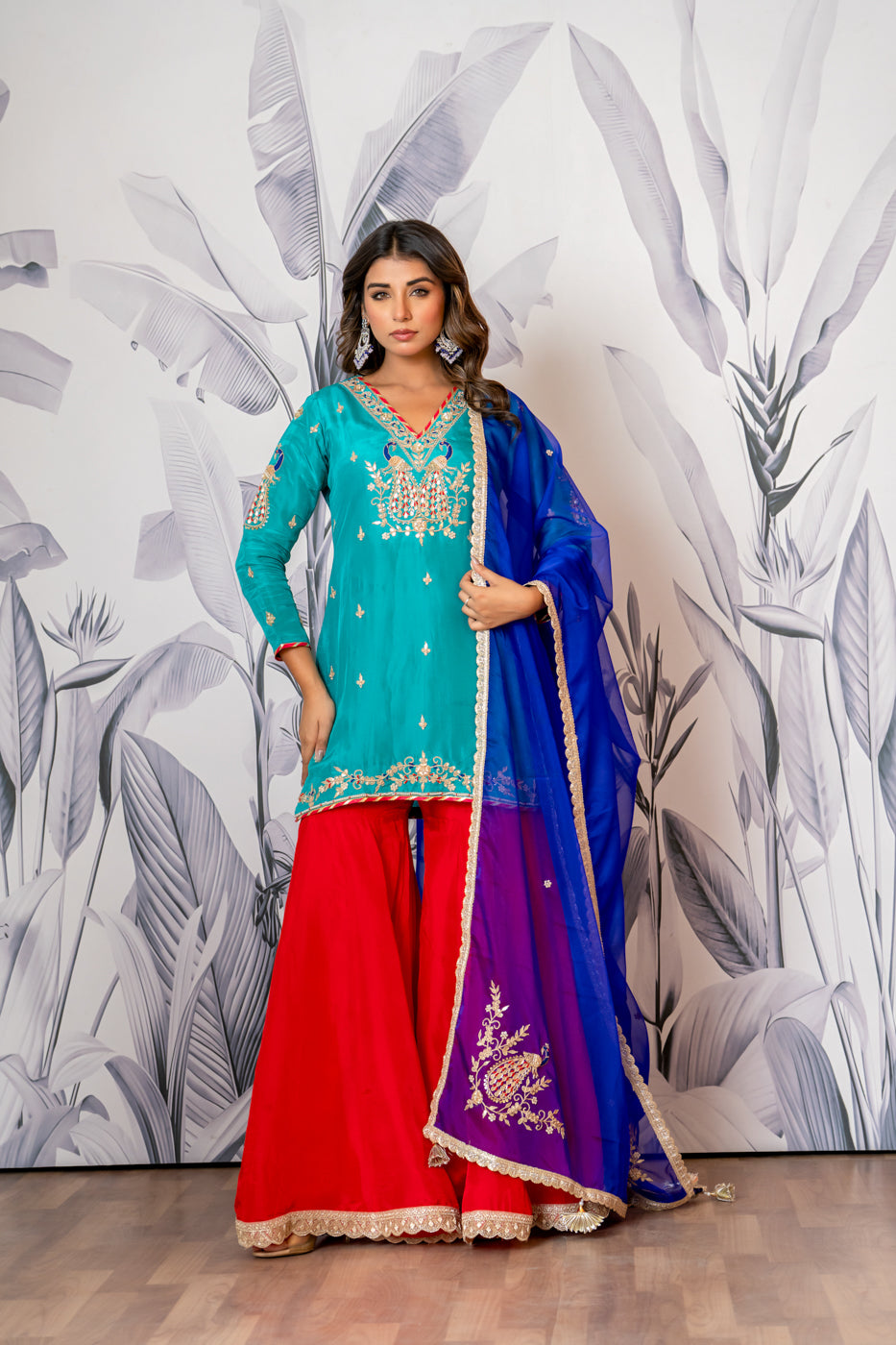 Blue & Red Pure Spun Silk Marodi Embroidered Sharara Set
