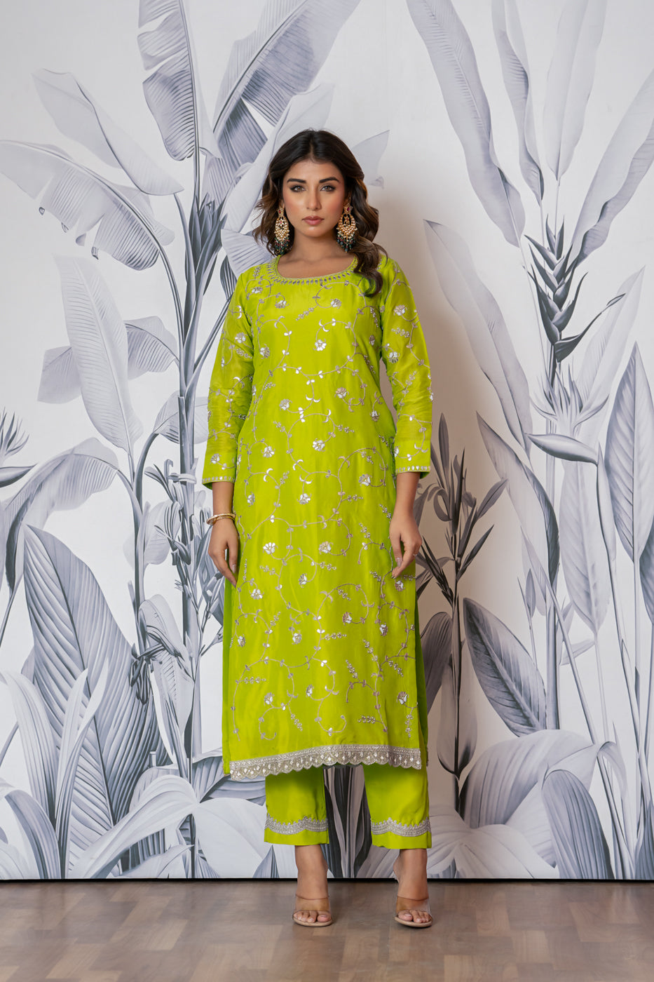 Neon Green Pure Spun Silk Marodi Hand Embroidered Kurta Set