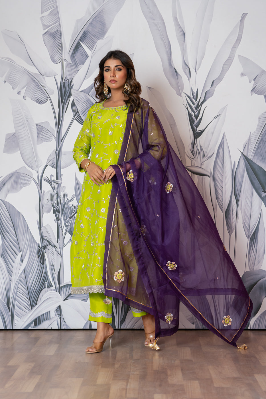 Neon Green Pure Spun Silk Marodi Hand Embroidered Kurta Set