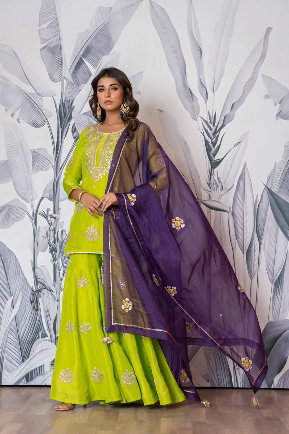Neon Green Pure Spun Silk Marodi Embroidered Sharara Set