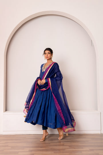 Navy Blue Chanderi Kurta Set