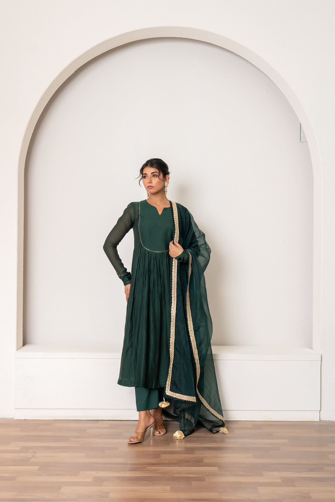 Bottle Green Chanderi Kurta Set