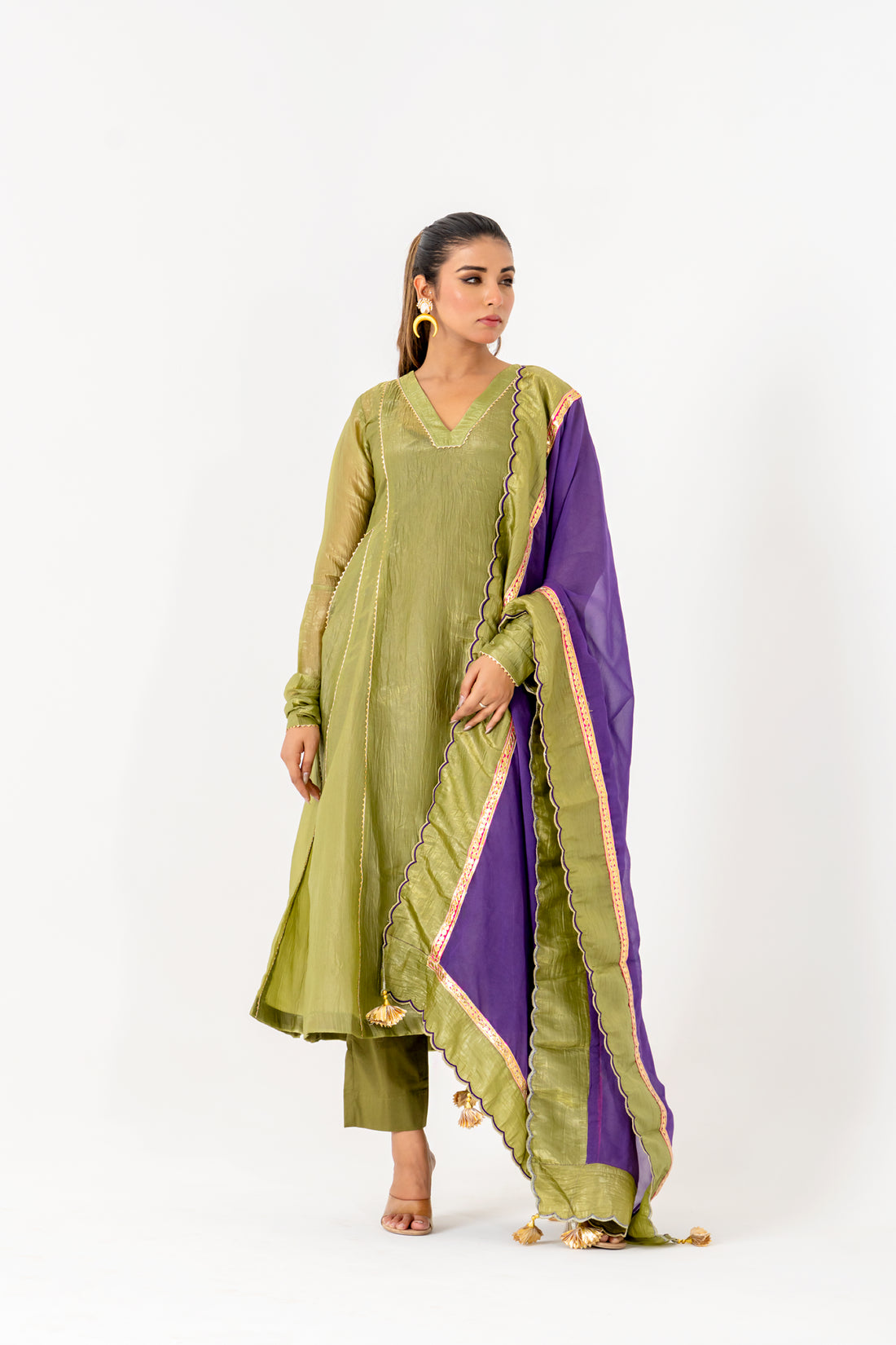 Olive Green Crunchi Silk Kurta set
