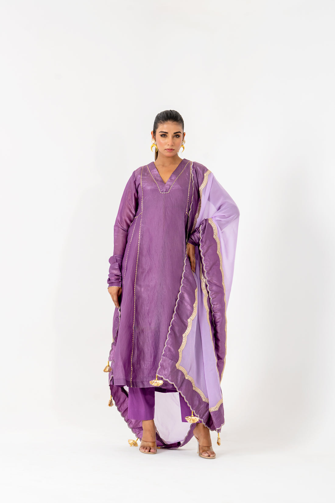 Purple Crunchi Silk Kurta set