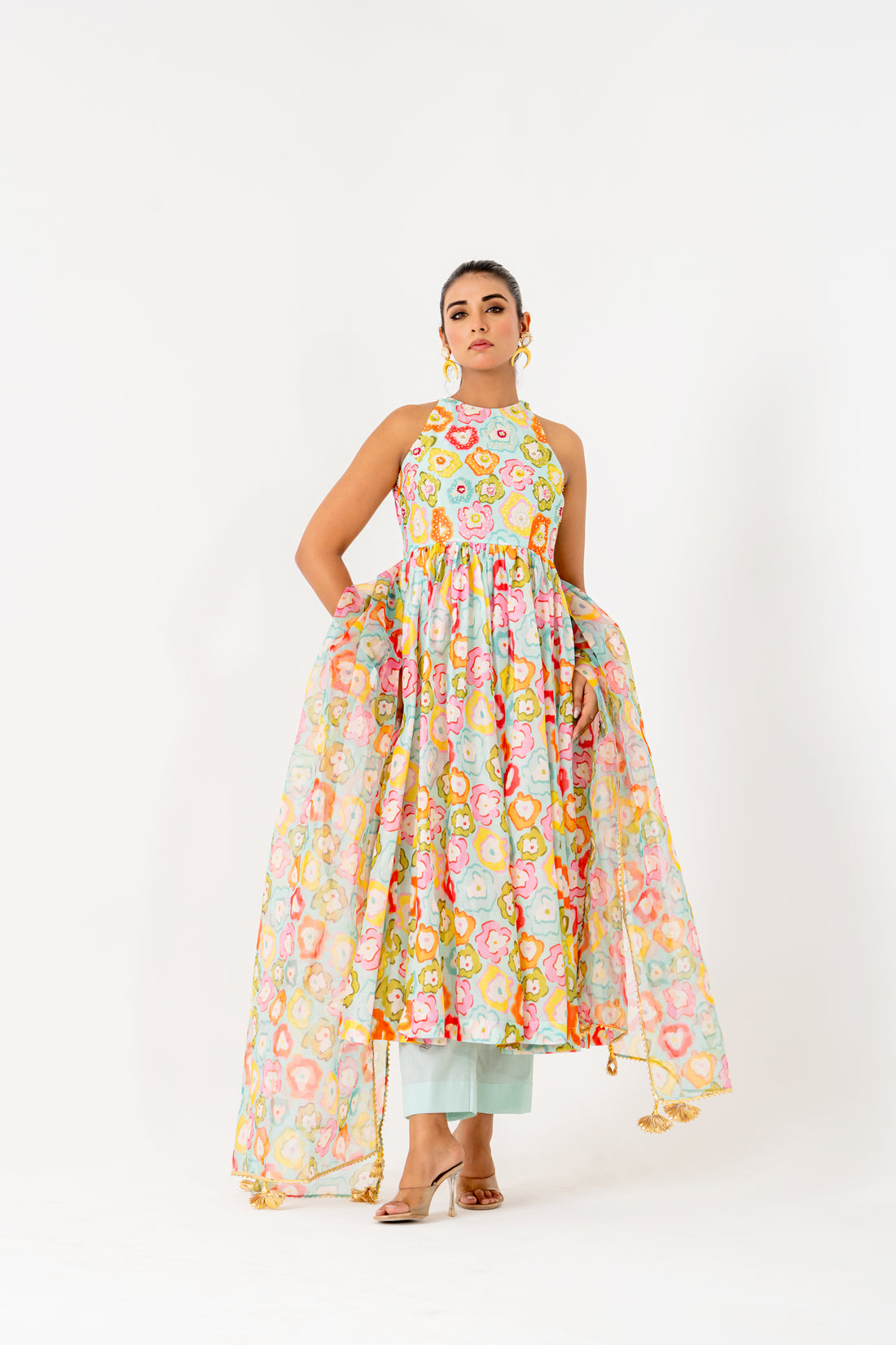 Multi-Colored Chanderi Floral Printed  Embroidered Anarkali Set
