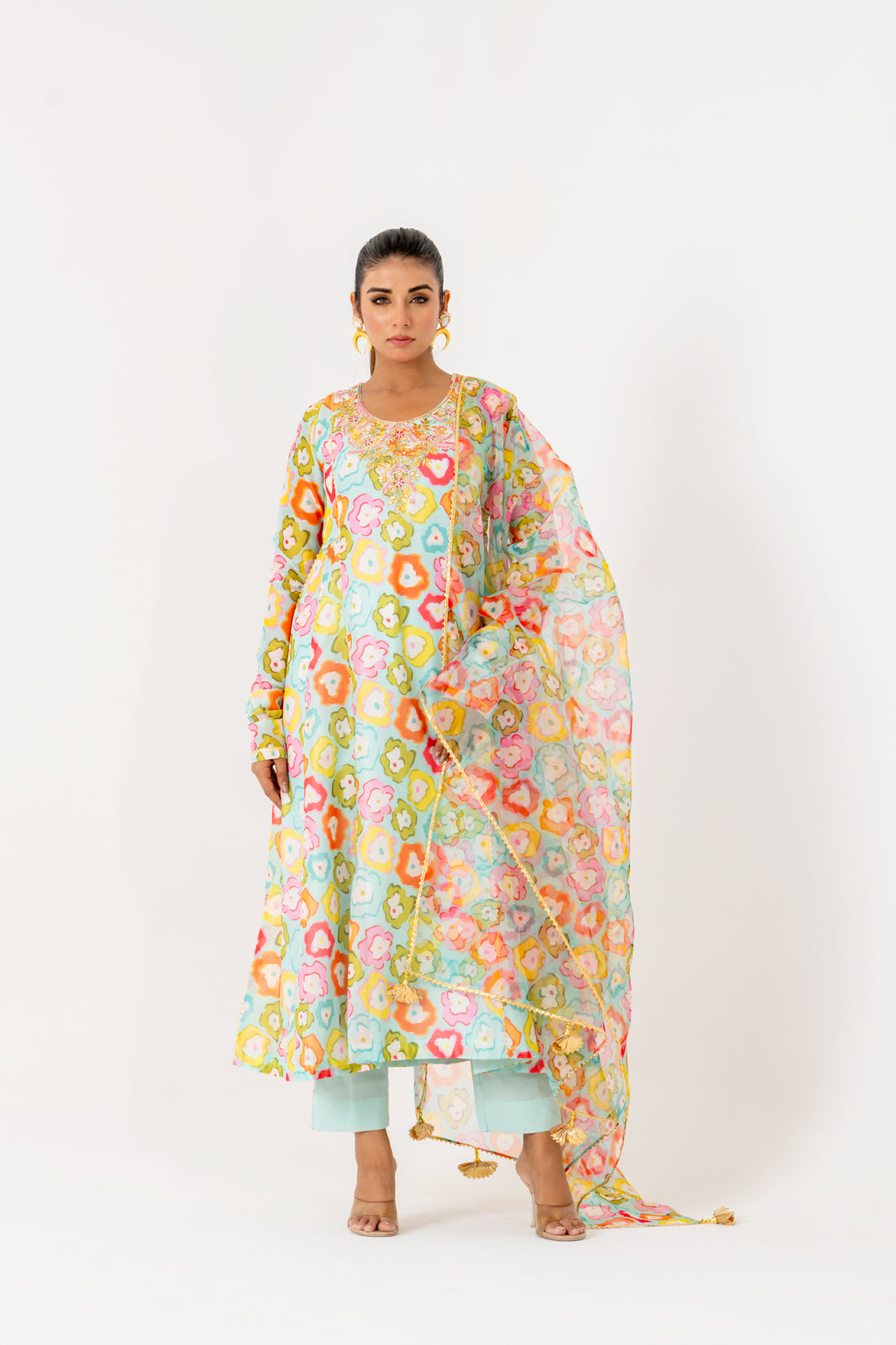 Multi-Colored Chanderi Floral Printed kurta Set