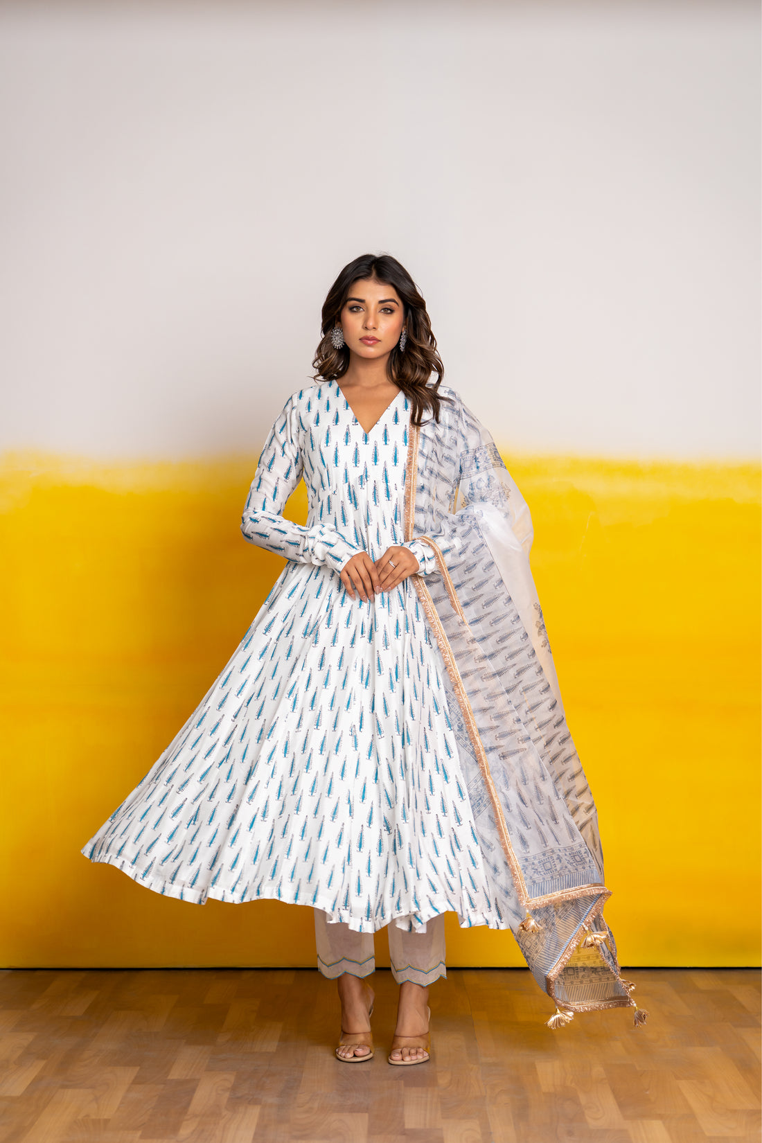 Ivory & blue Pure muslin handblock Printed Anarkali Set