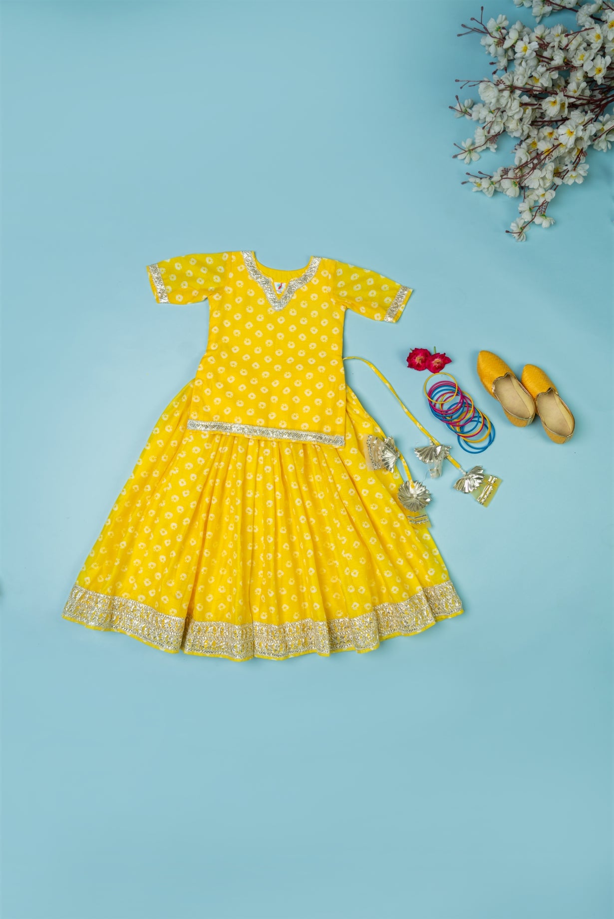 Yellow Bandhej Lehenga Set for Girls