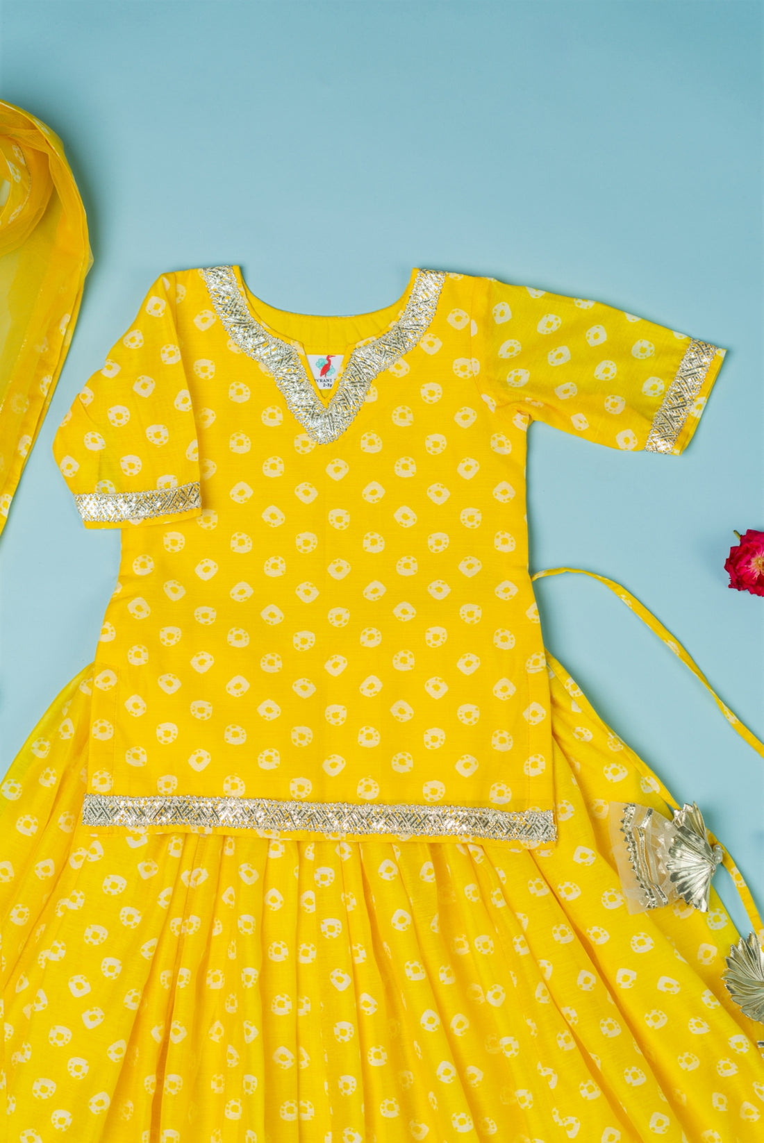 Yellow Bandhej Lehenga Set for Girls