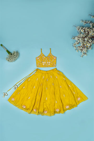 Golden Yellow Pure Spun Lehenga Set For Girls