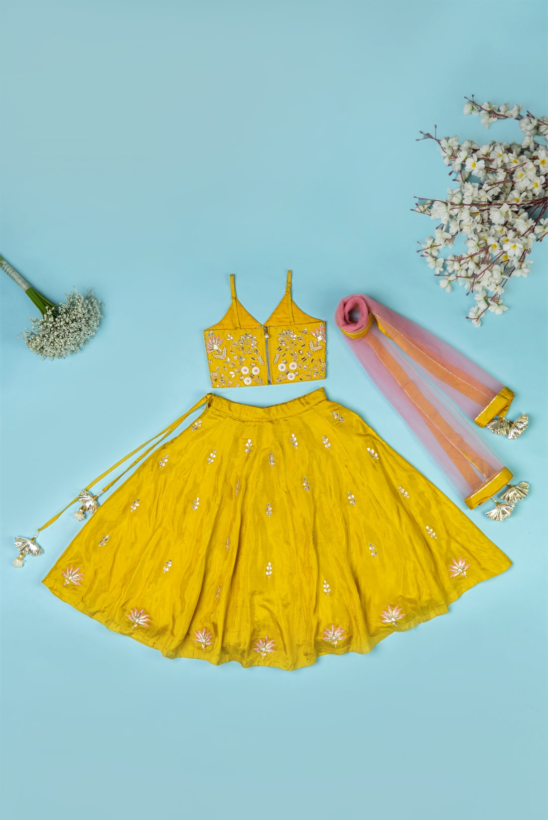 Golden Yellow Pure Spun Lehenga Set For Girls