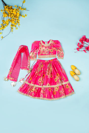 Hot Pink Chanderi puff Sleeves Lehenga Set For Girls