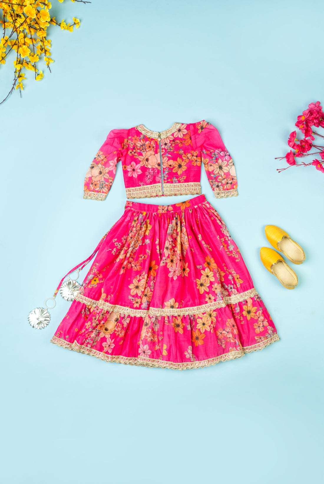 Hot Pink Chanderi puff Sleeves Lehenga Set For Girls