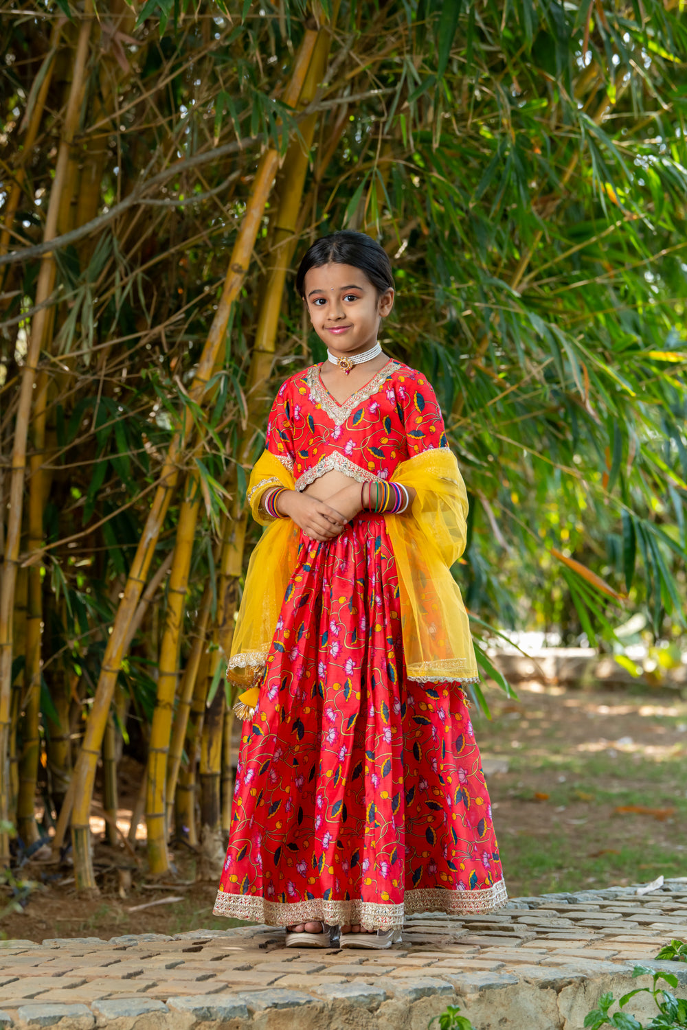 Cherry Red Chanderi Floral Printed Lehenga Set For Girls
