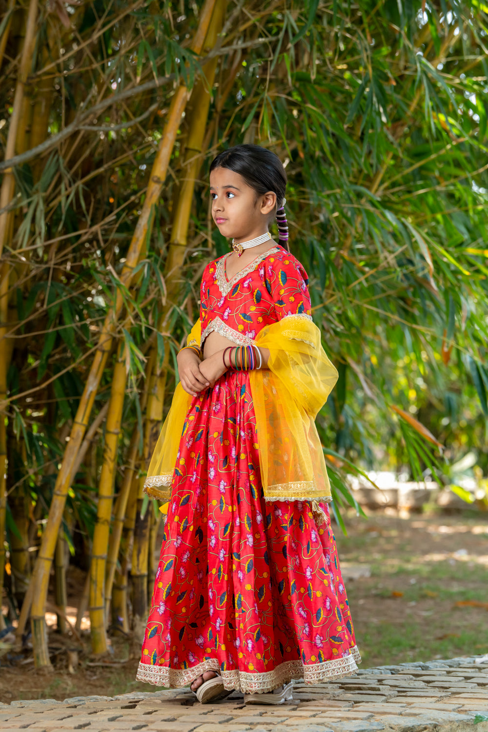 Cherry Red Chanderi Floral Printed Lehenga Set For Girls