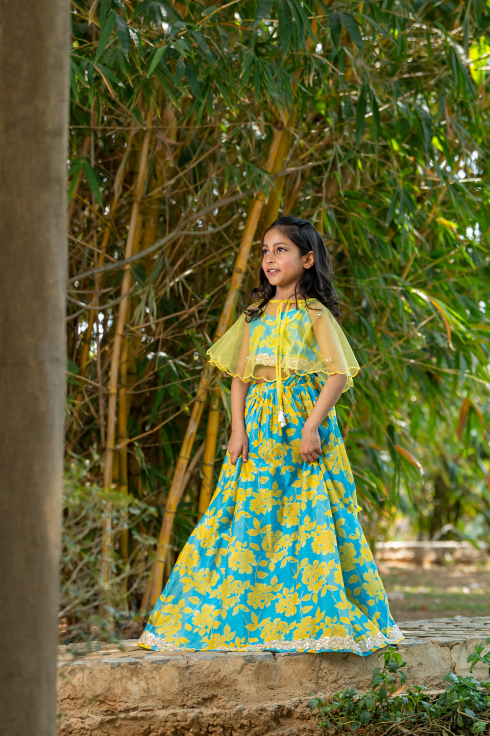 Neon blue & Yellow Lehenga with Cape