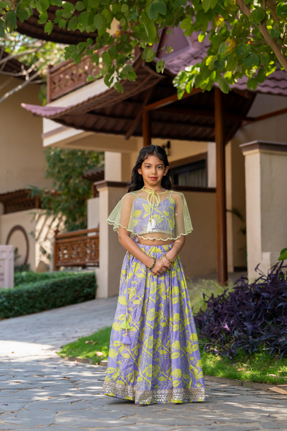 Grey & Neon yellow Lehenga with Cape