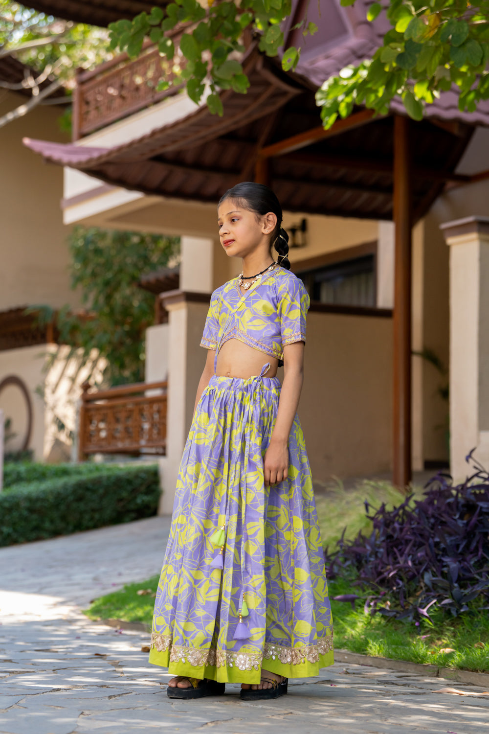 Grey & Neon yellow chanderi Floral Printed Lehenga Set For Girls