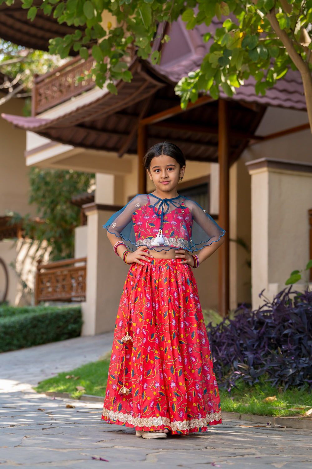 Cherry Red Printed Lehenga with Cape