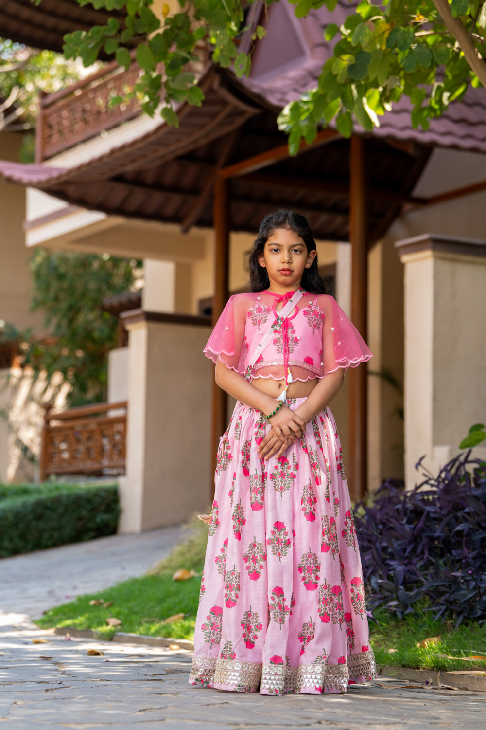 Pink floral Printed Lehenga with Cape