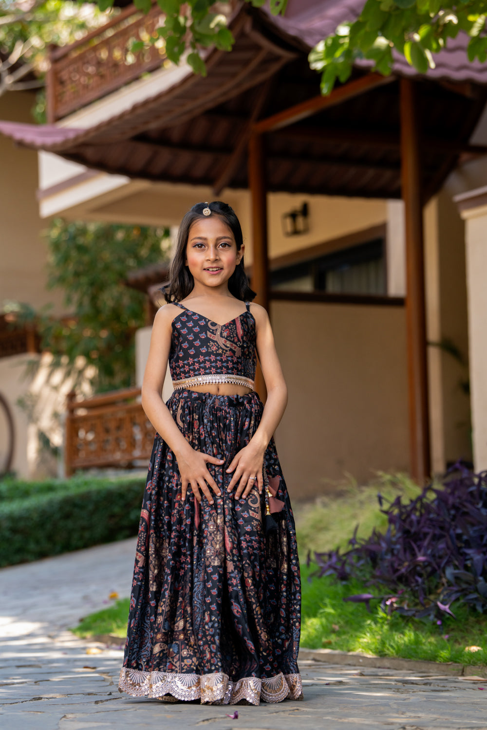 Grey & Black muslin Floral Printed Lehenga Set For Girls
