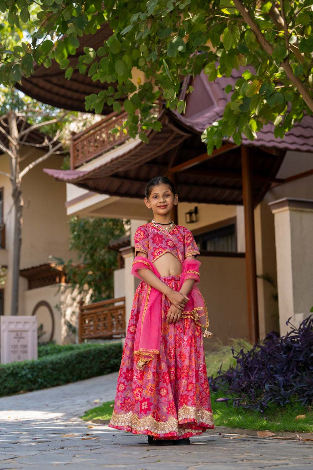 Grey & Black Muslin Floral Printed Lehenga Set For Girls - 2