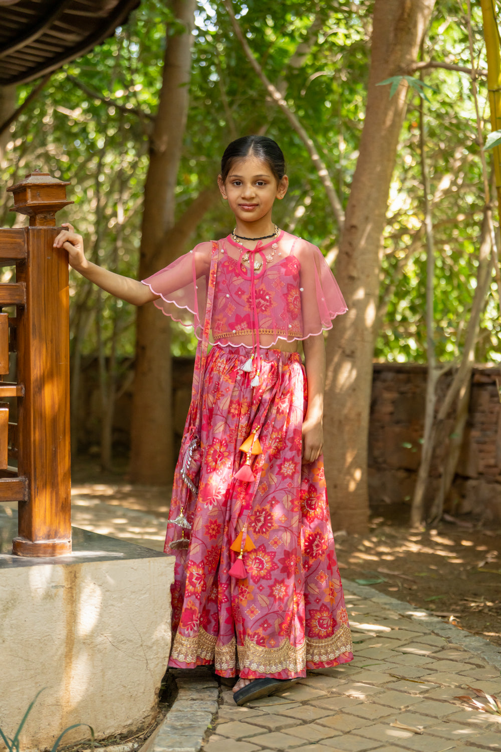 Grey Muslin Floral Printed Lehenga Set For Girls