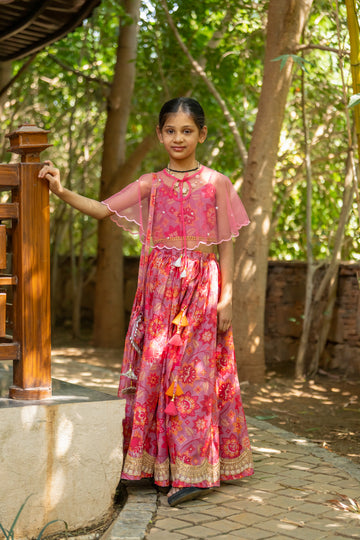Grey Muslin Floral Printed Lehenga Set For Girls