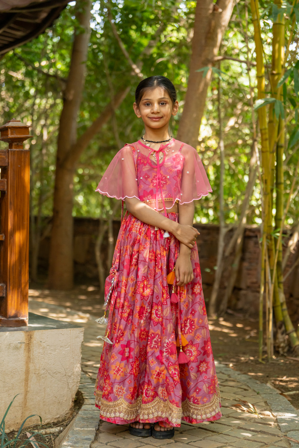 Grey Muslin Floral Printed Lehenga Set For Girls