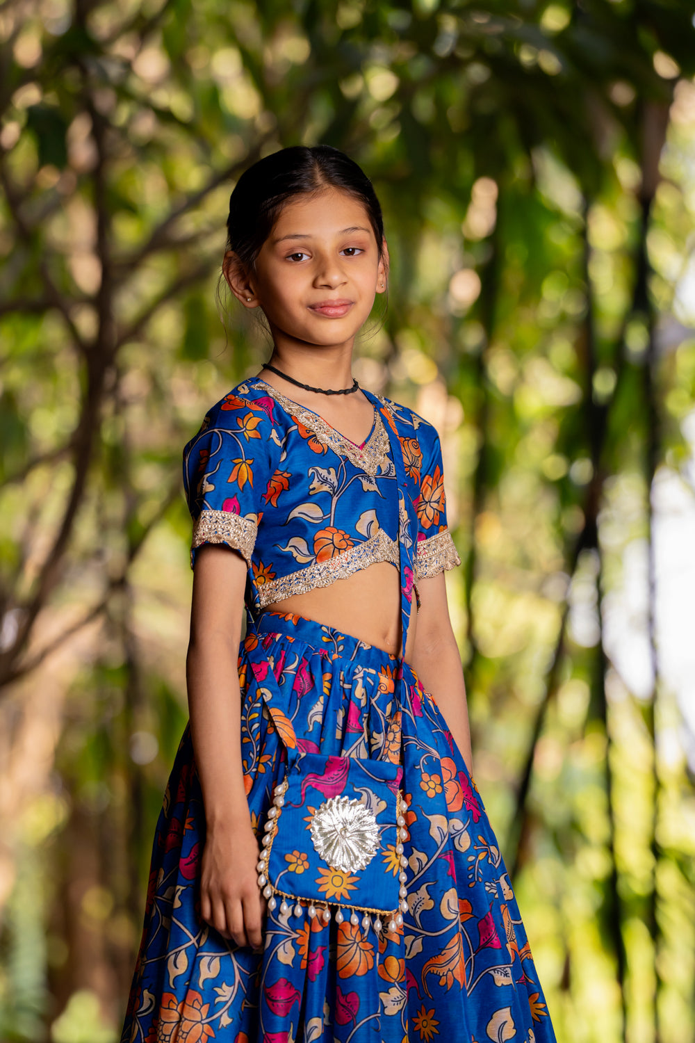 Grey muslin Floral Printed Lehenga Set For Girls - 2