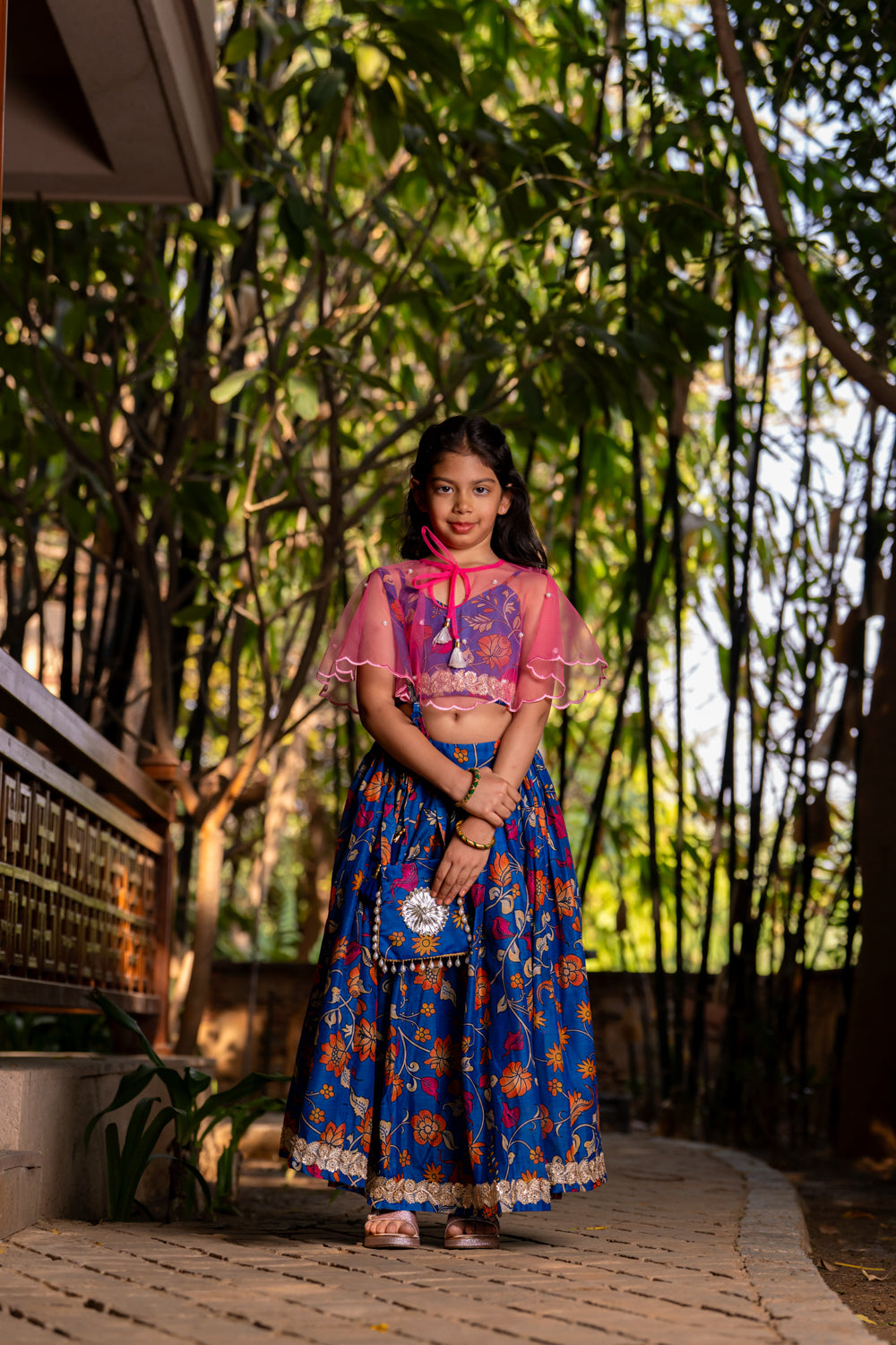Teal Blue Printed Lehenga set for Girls