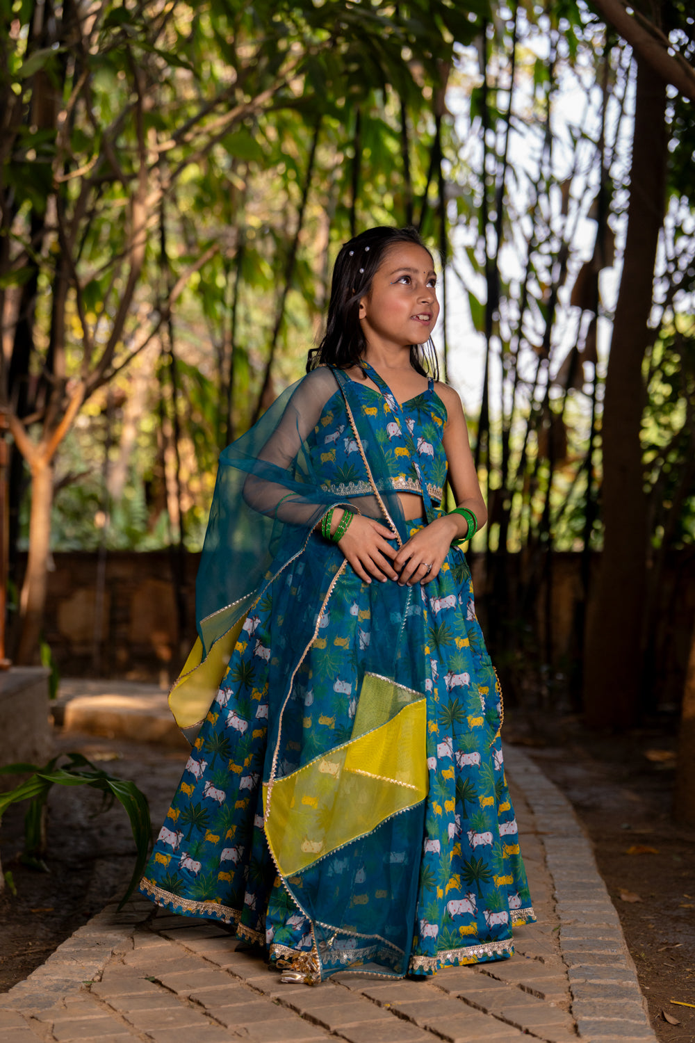 Mint Green Printed One Shoulder Lehenga set for Girls