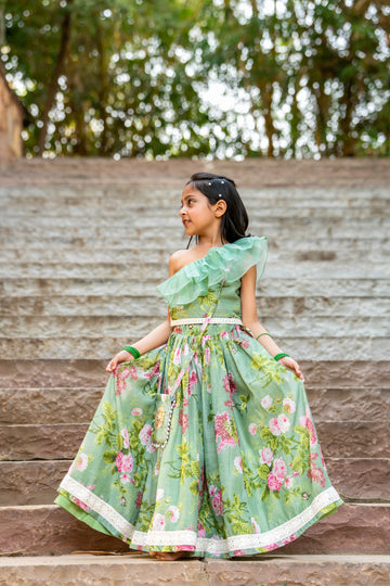 Mint Green Printed Lehenga set for Girls